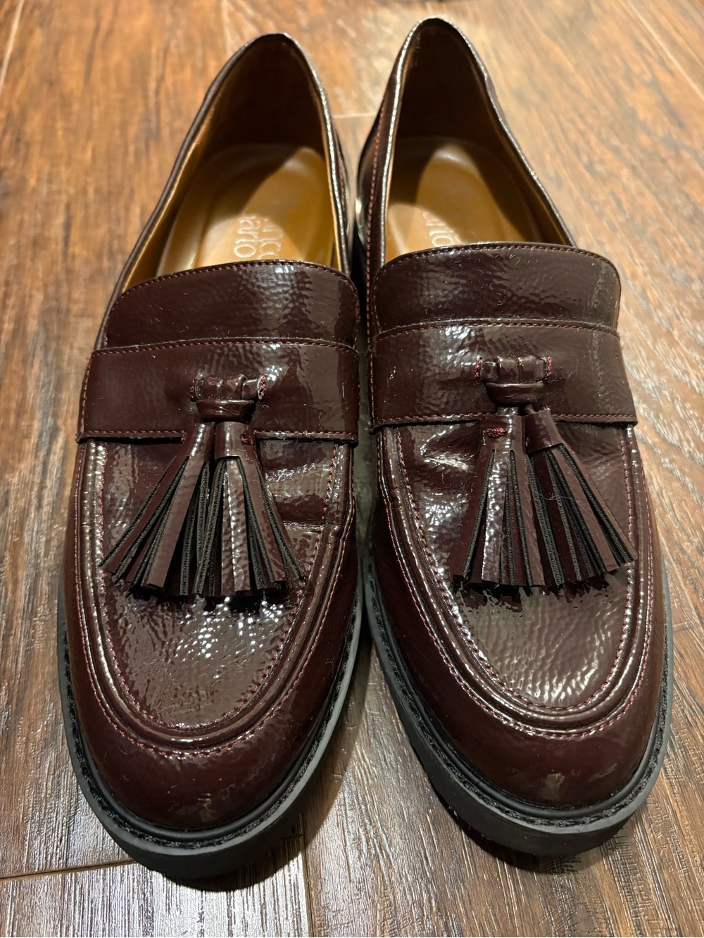 Franco Sarto Patent Leather Loafers with Tassels in Deep Burgundy